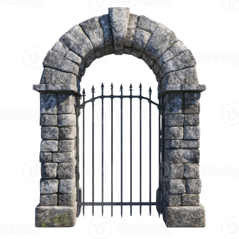 Stone Archway Gate With Metal Fence Detail png