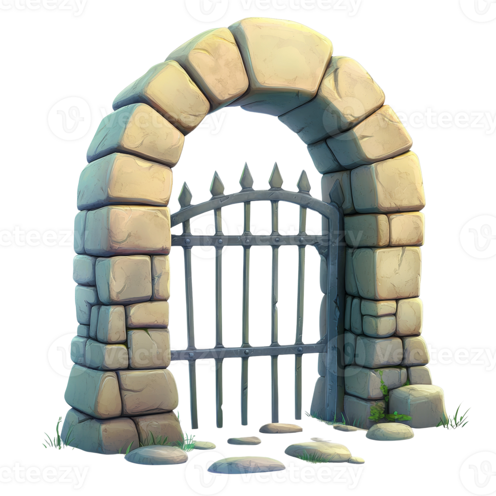 Stone Archway Gate With Metal Spiked Fence png