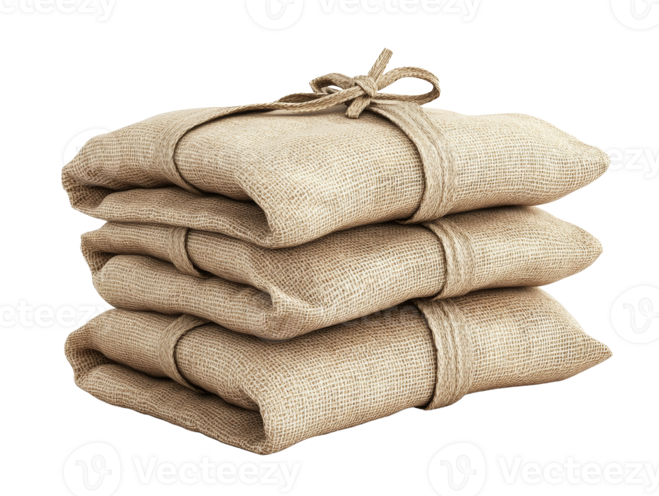 Stack of three burlap fabric bundles tied with twine png