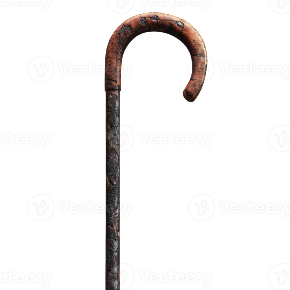 A Rustic Wooden Walking Cane with a Curved Handle png