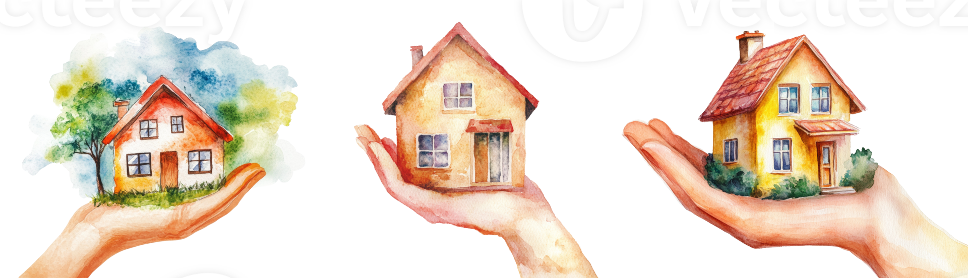 Three Watercolor Houses Held in Gentle Hands png