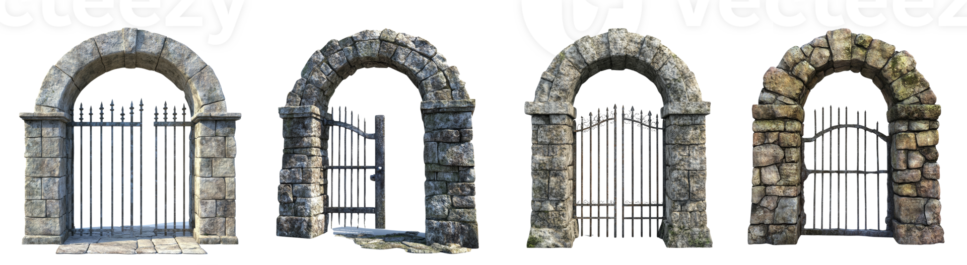 Stone Archways with Metal Gates Showing Varying States of Repair png