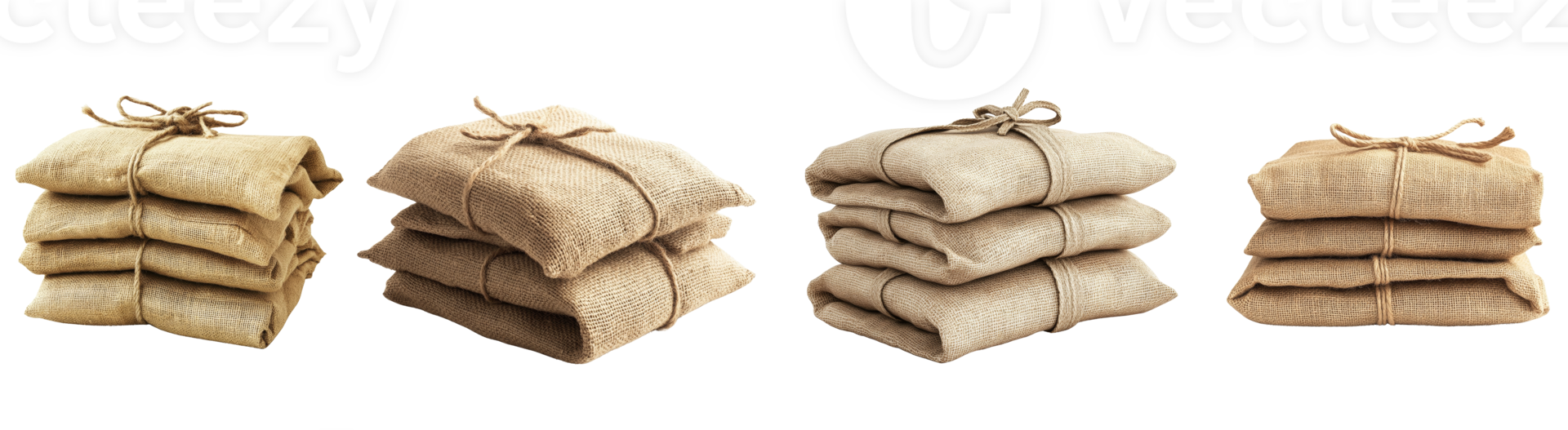 Four stacks of burlap sacks tied with twine png