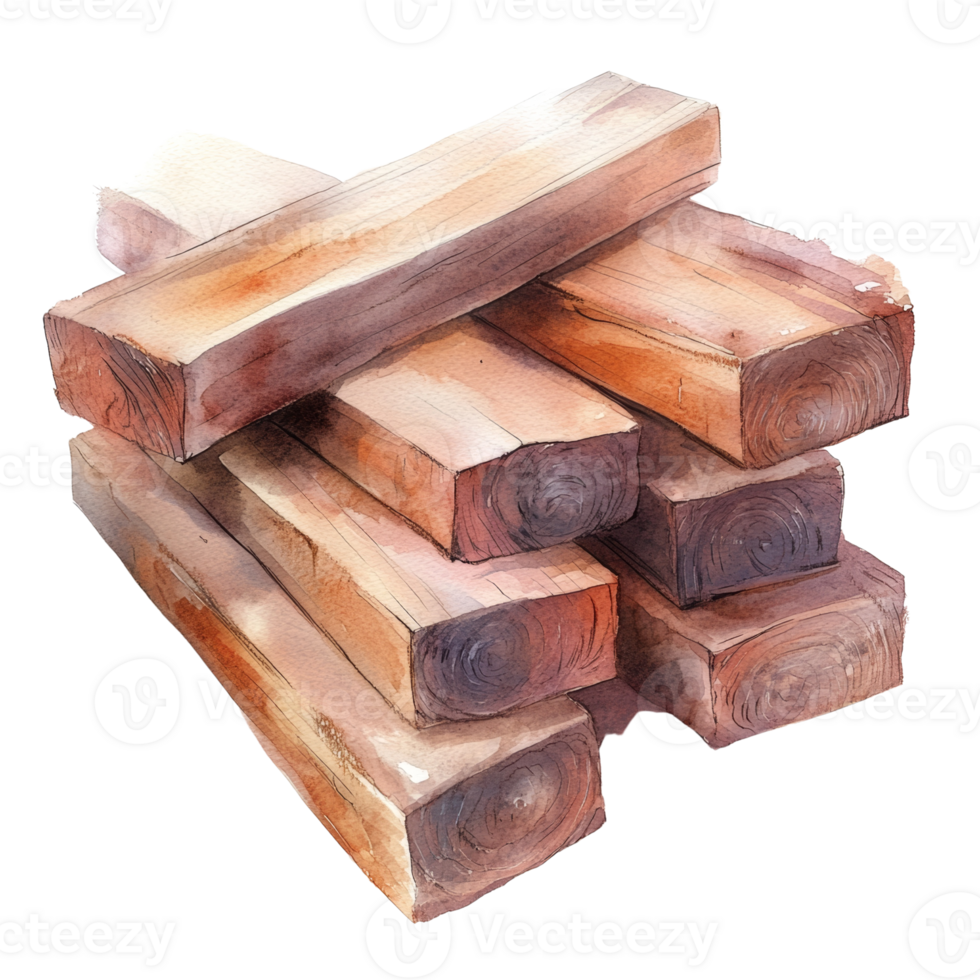 Watercolor Painting of Stacked Wooden Beams png