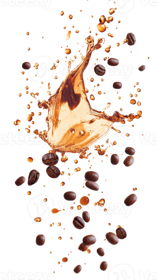 Coffee Beans Splashing in Brown Liquid. isolated png