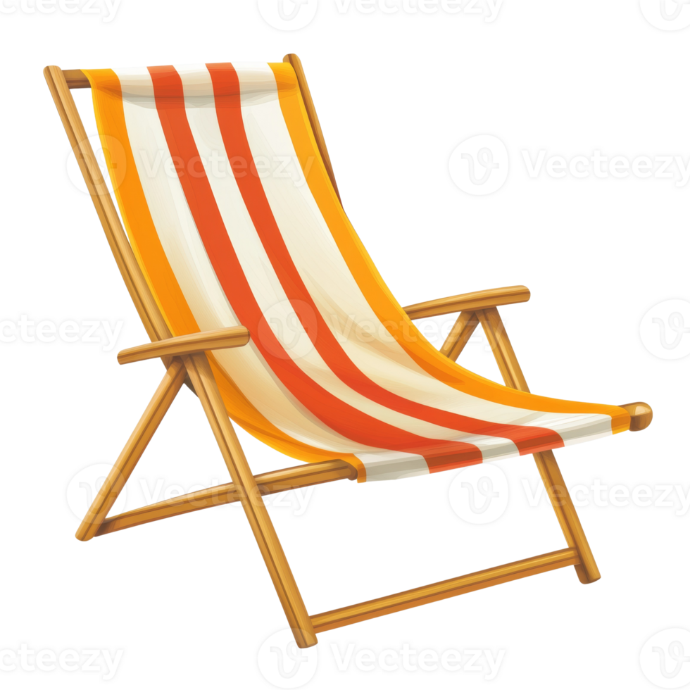 Striped canvas beach chair reclined on wooden frame png
