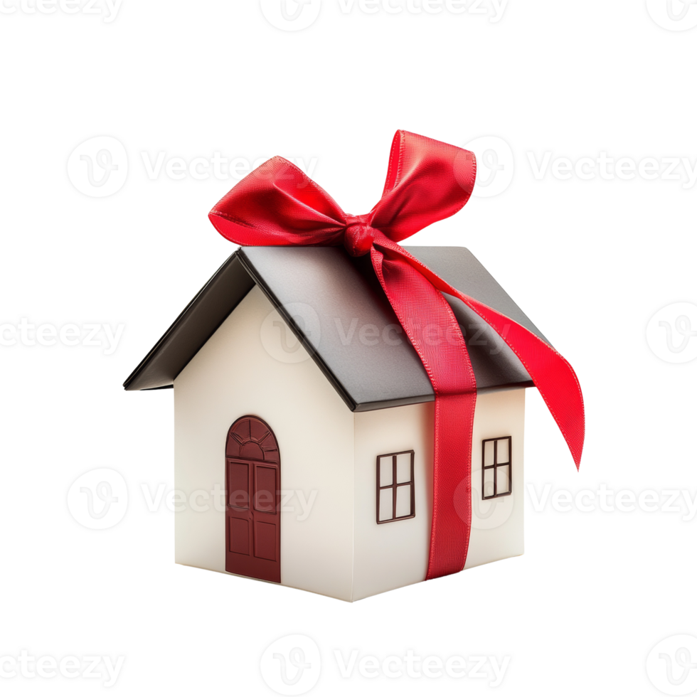 A miniature house gift wrapped with a red ribbon. cut out bow png