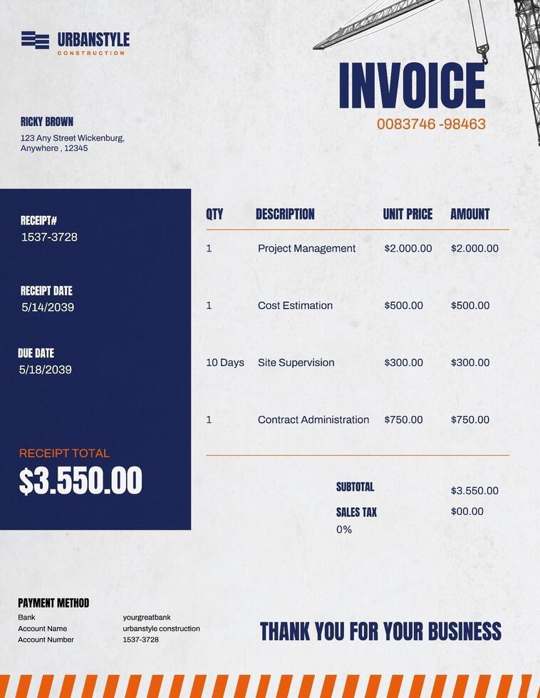 construction invoice design template for business