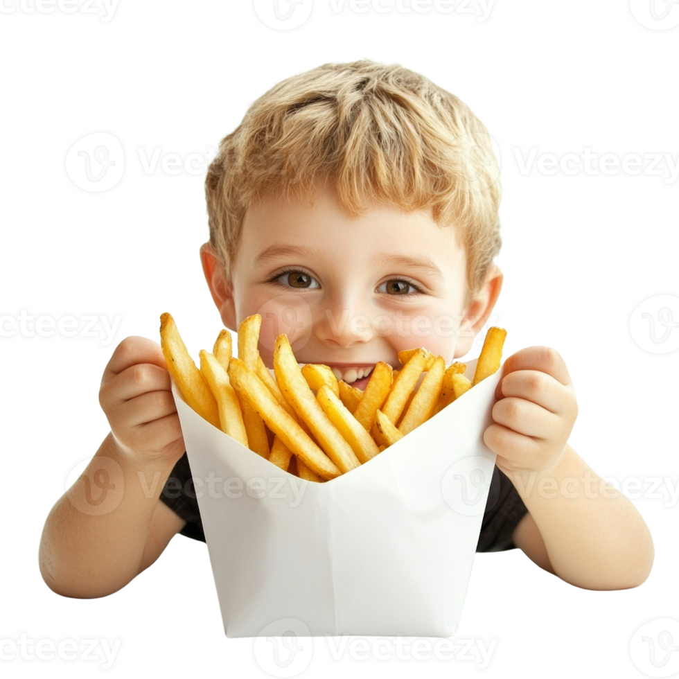 Young Boy Happily Holding French Fries in a Carton png