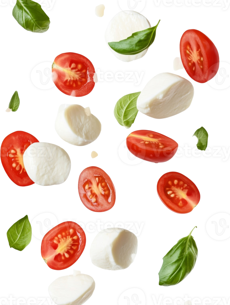 Fresh Mozzarella Tomatoes and Basil Falling Down png
