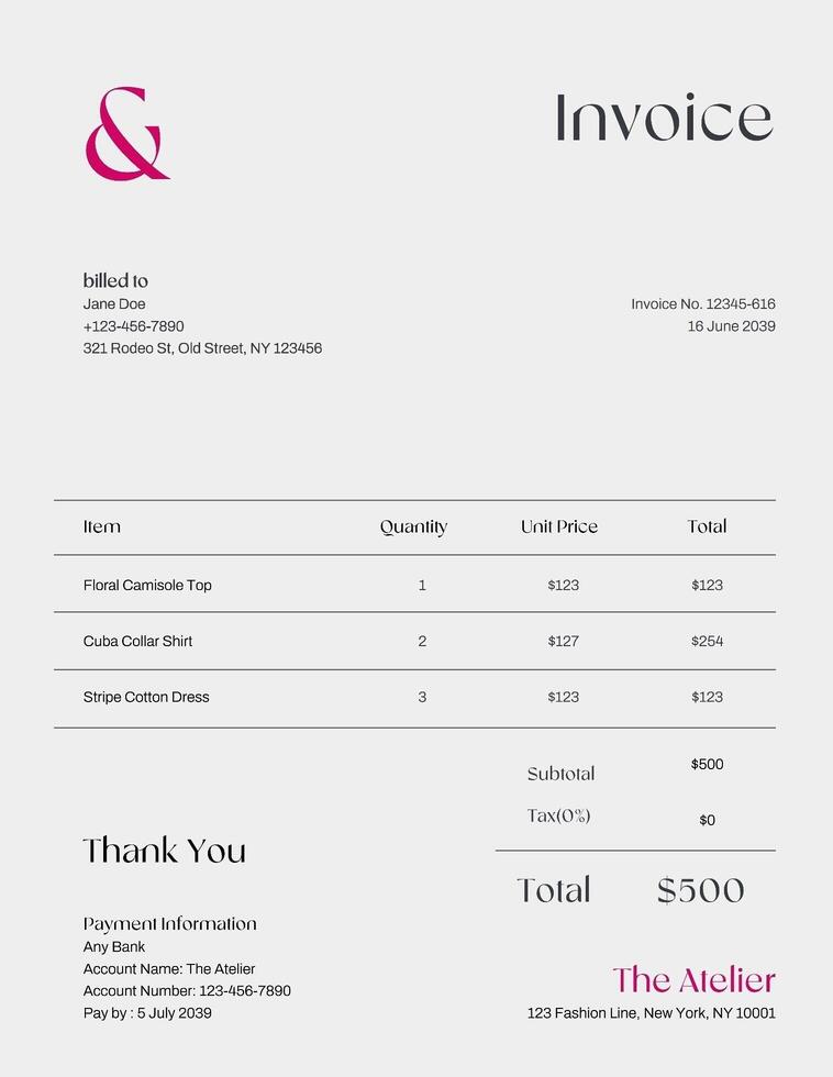 invoice for fashion business template design ideas