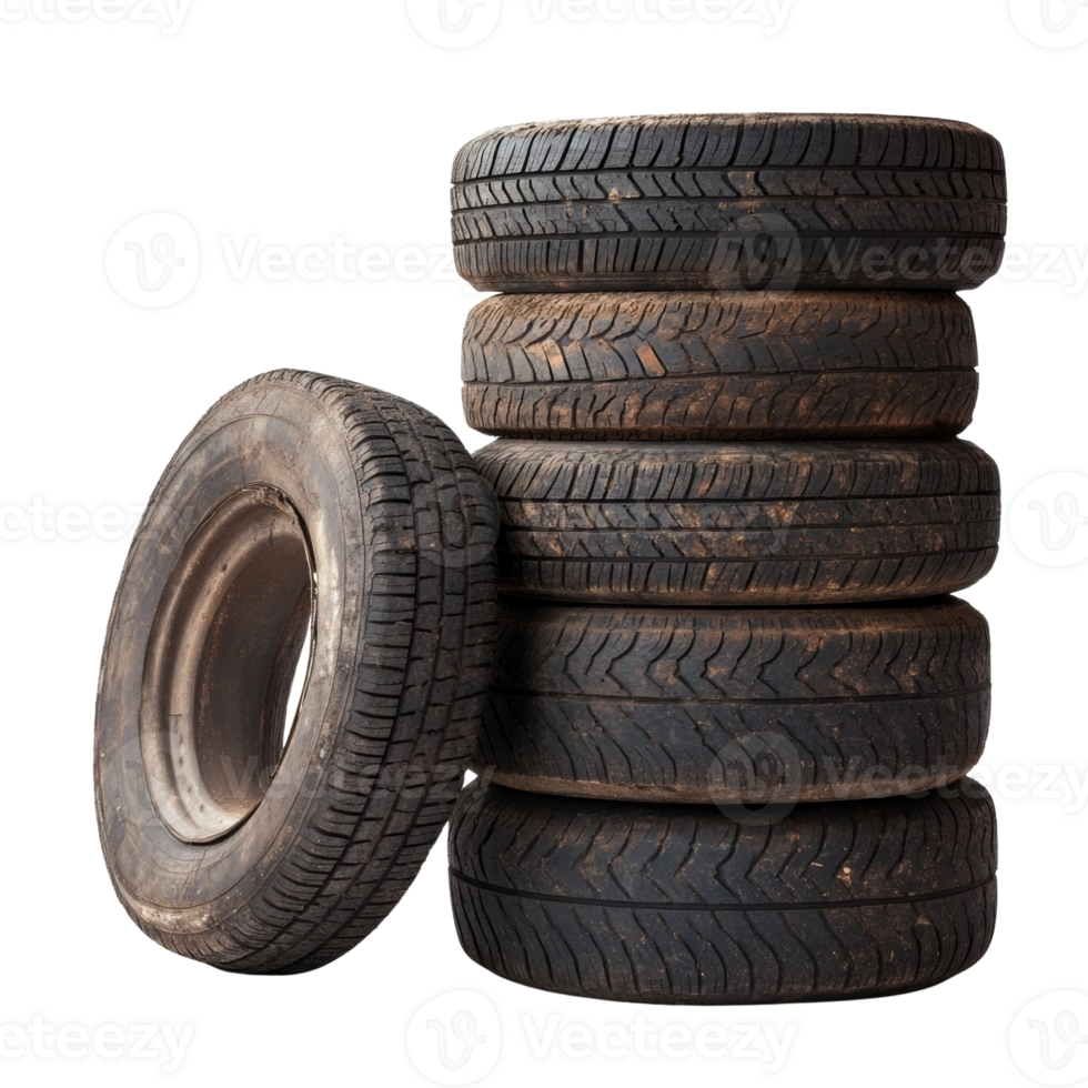 Stacked Used Tires Beside a Single Worn Tire png
