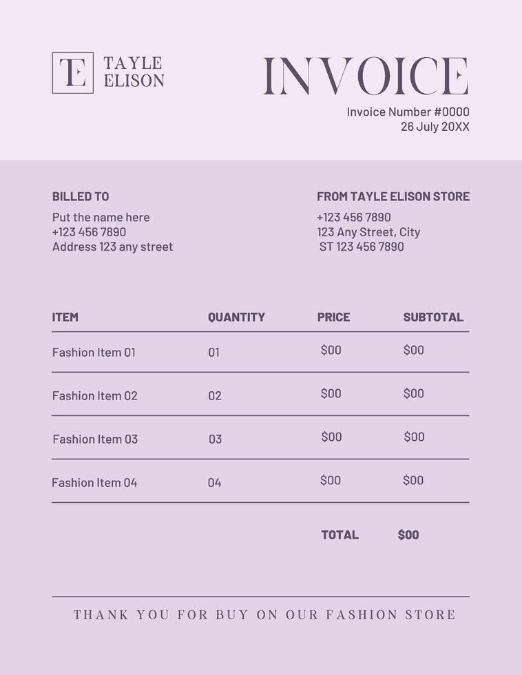 Purple Minimalist Fashion Store Invoice Template