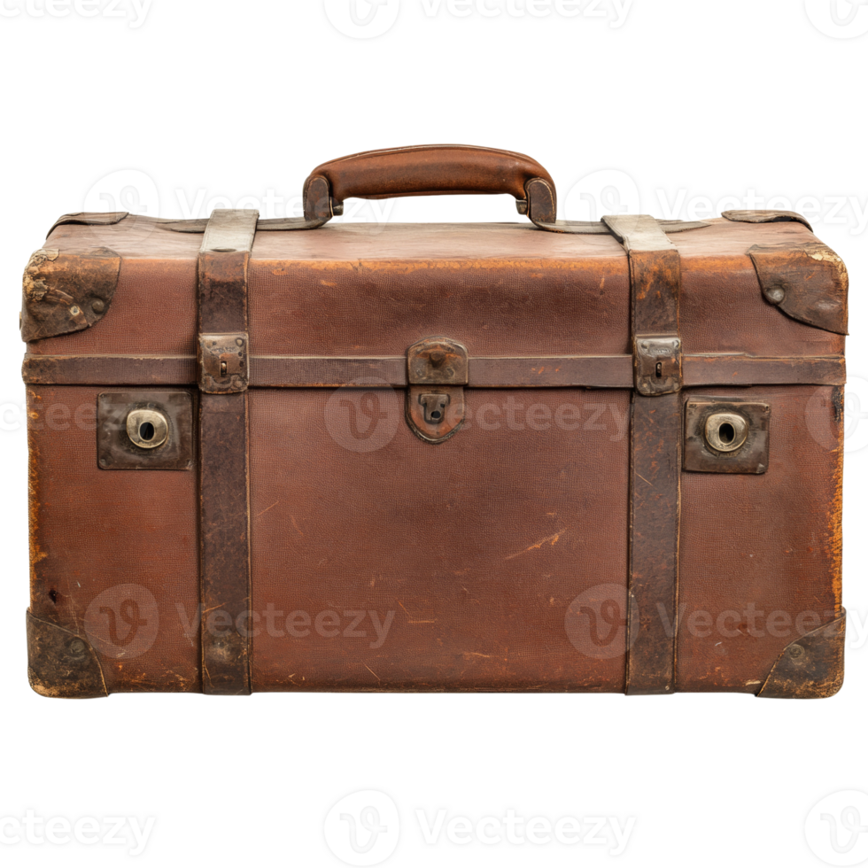 Vintage Brown Leather Suitcase Antique Travel Trunk. cut out png