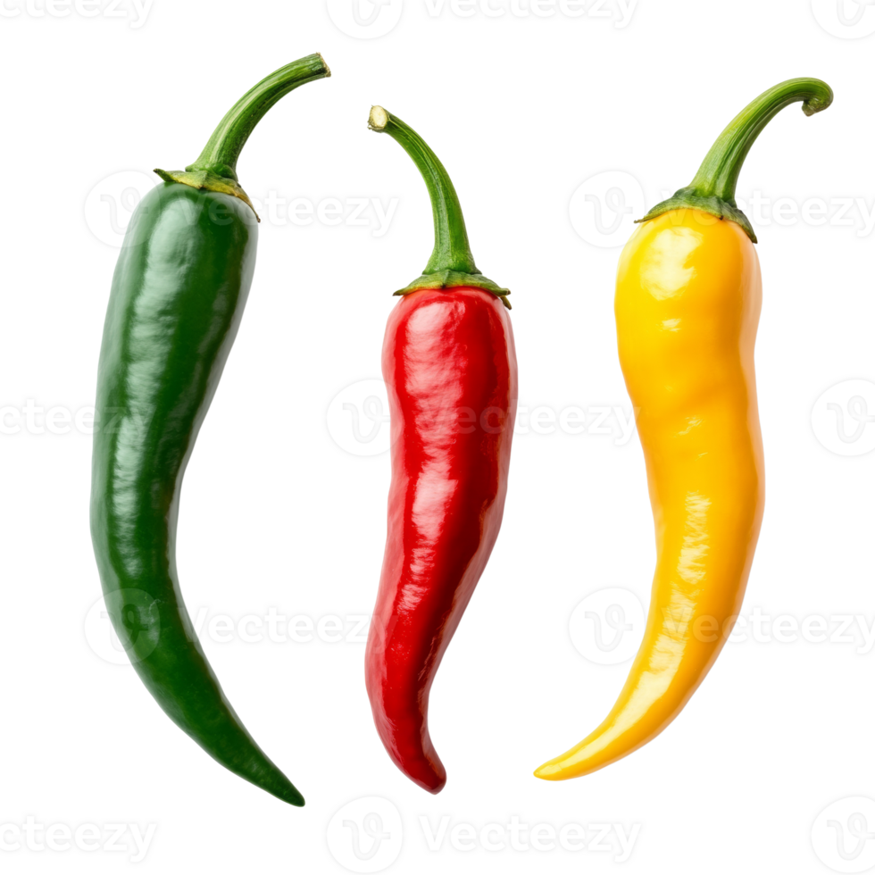 Three vibrant chili peppers arranged in a row png