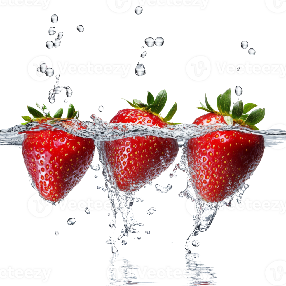 Three Strawberries Splashing Into Water Against Black Background png