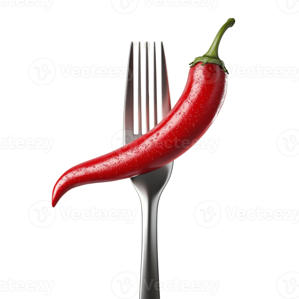 Red Chili Pepper Balanced On A Silver Fork. cut out png
