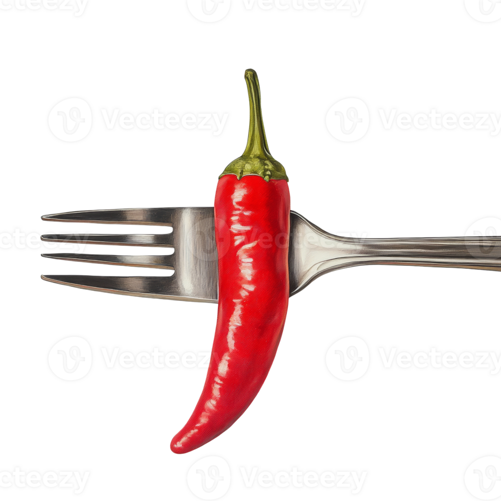 Red Chili Pepper Balanced on a Silver Fork. isolated png