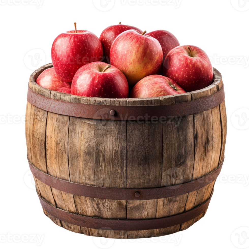 Red Apples in a Rustic Wooden Barrel. isolated png