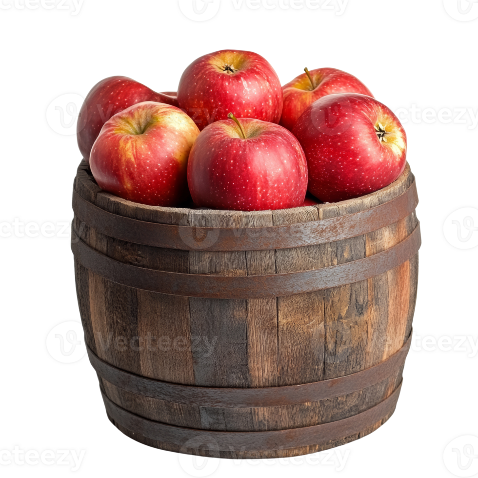 Red Apples in a Rustic Wooden Barrel. cut out png