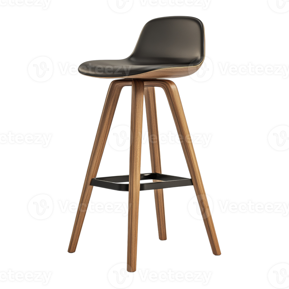 Modern Black Leather Bar Stool with Wooden Legs png