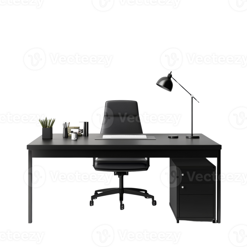 Modern Black Office Workspace with Desk Chair and Lamp png