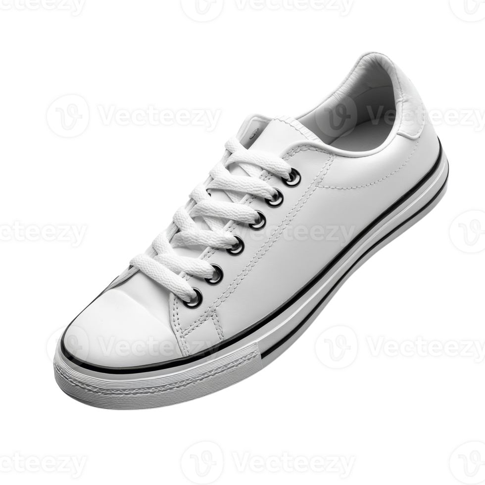 A single white leather sneaker displayed on black background png