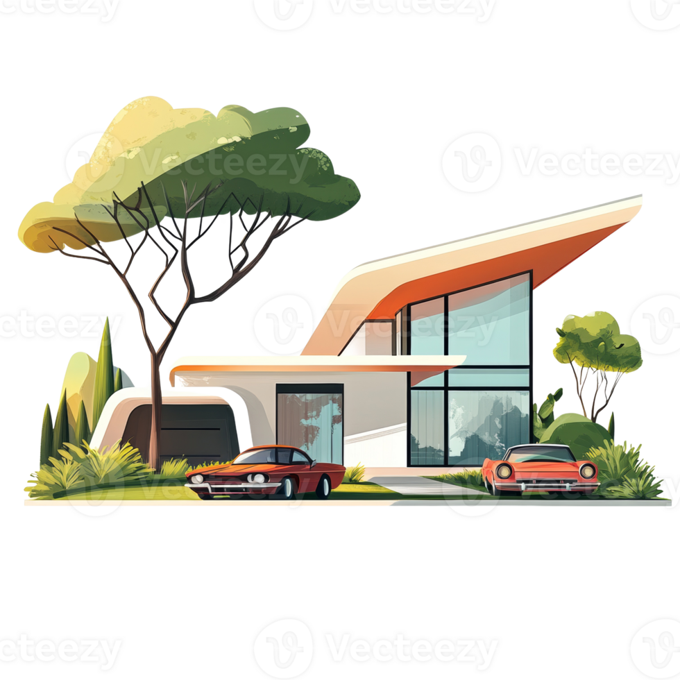 Modern House Design with Classic Cars in Front png