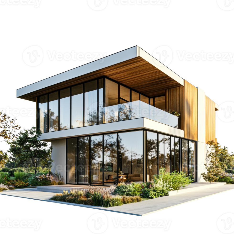 Modern Glass House with Wooden Accents and Landscaping png