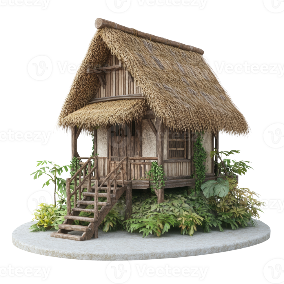 Thatched Roof Bungalow Surrounded By Lush Tropical Foliage png
