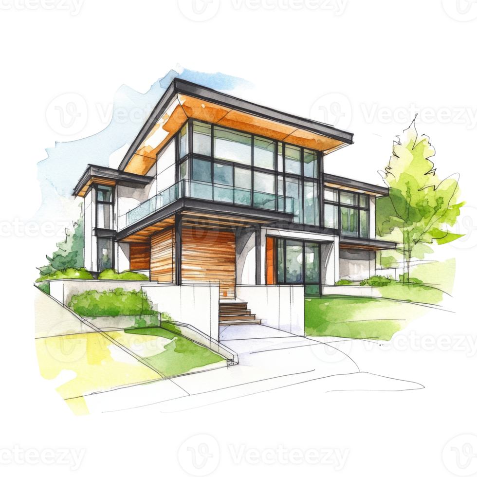 Modern Architectural House Design Watercolor Sketch png