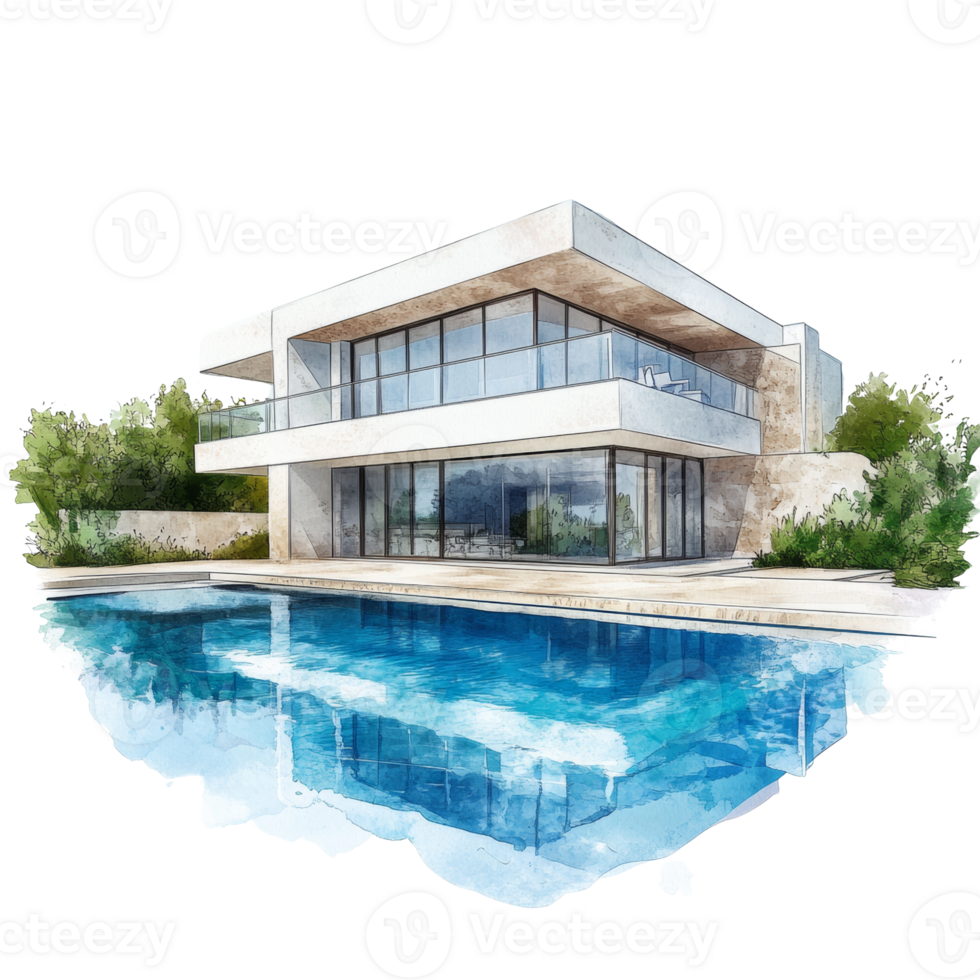 Modern House Architectural Watercolor Rendering With Pool png