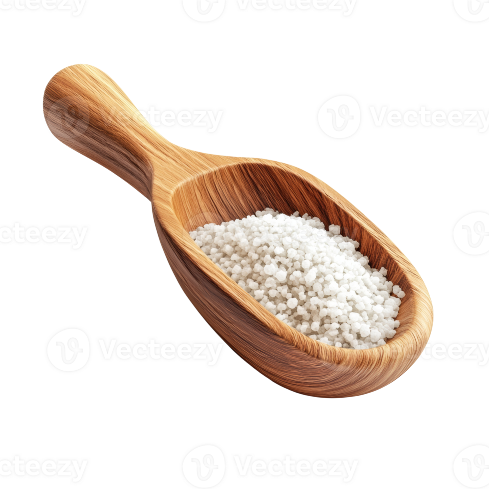 Wooden scoop filled with coarse white salt crystals. cut out png