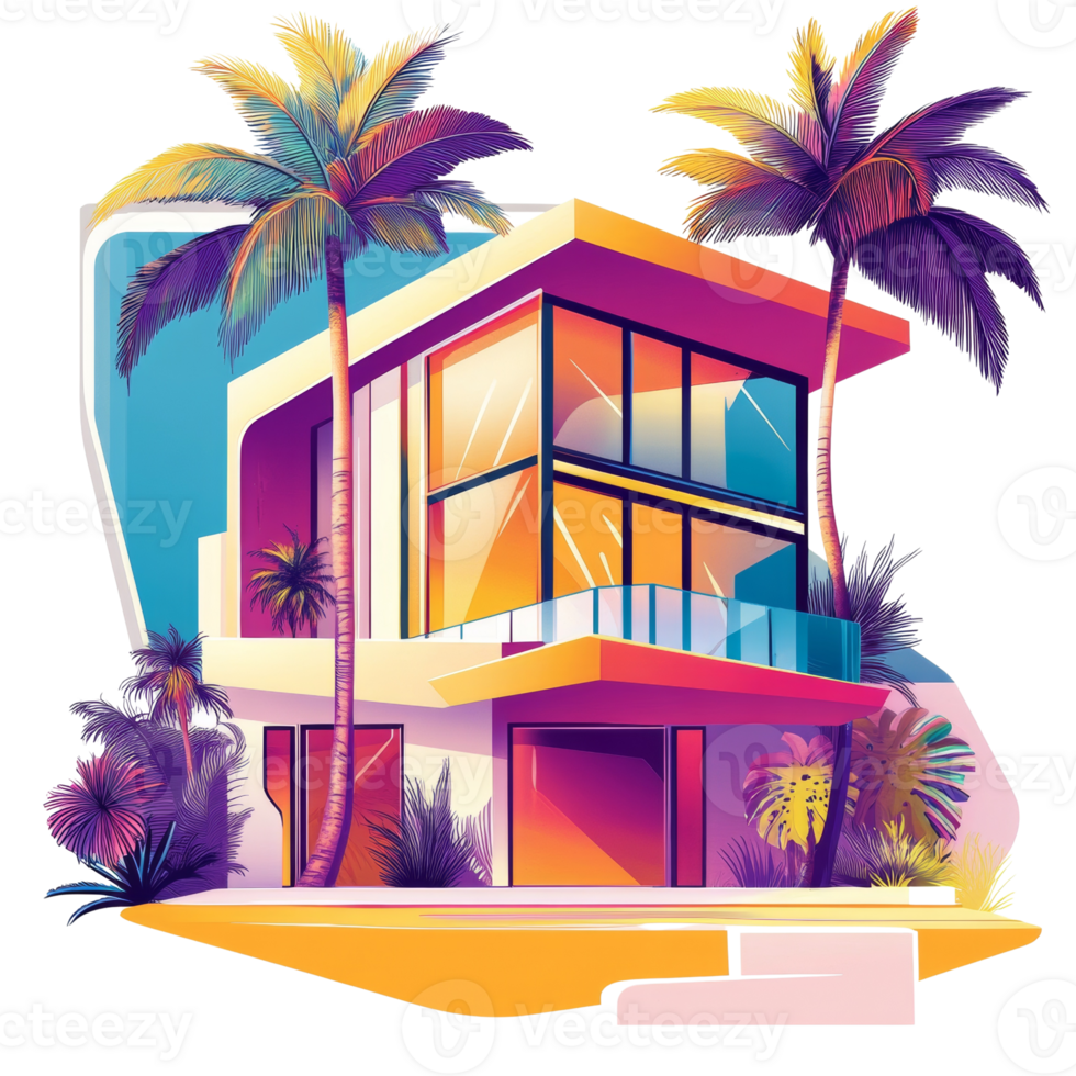 Modern Tropical House With Palm Trees and Vibrant Colors png