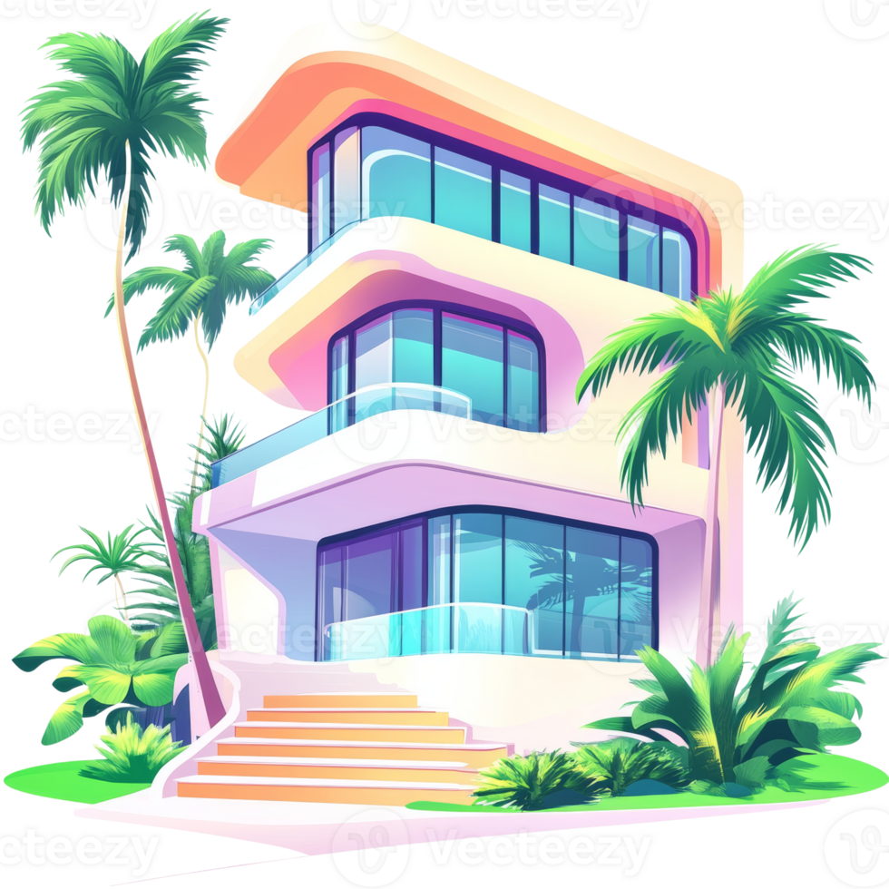 Modern Tropical House with Palm Trees and Steps png