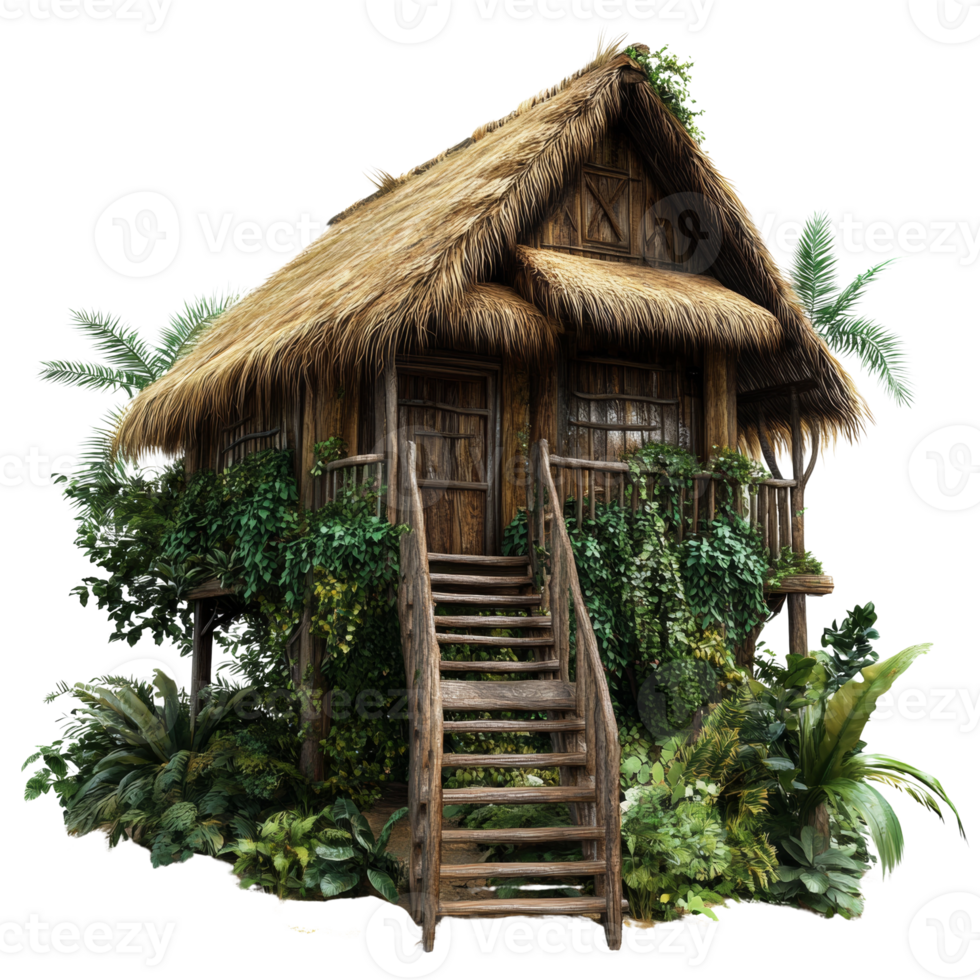 Tropical Thatched Hut Nestled Among Lush Green Foliage png