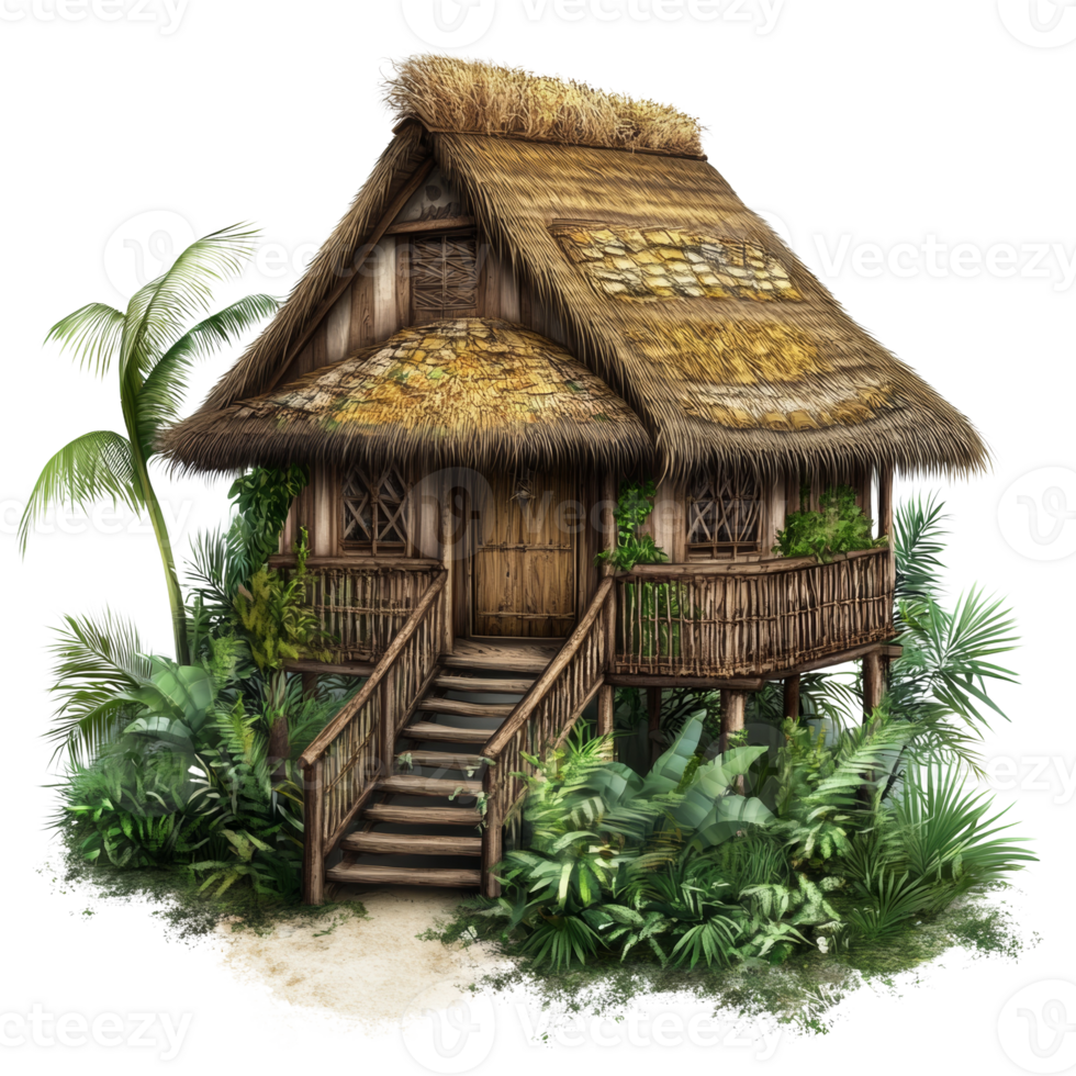 Tropical Thatched Hut Nestled Among Lush Green Foliage. cut out png