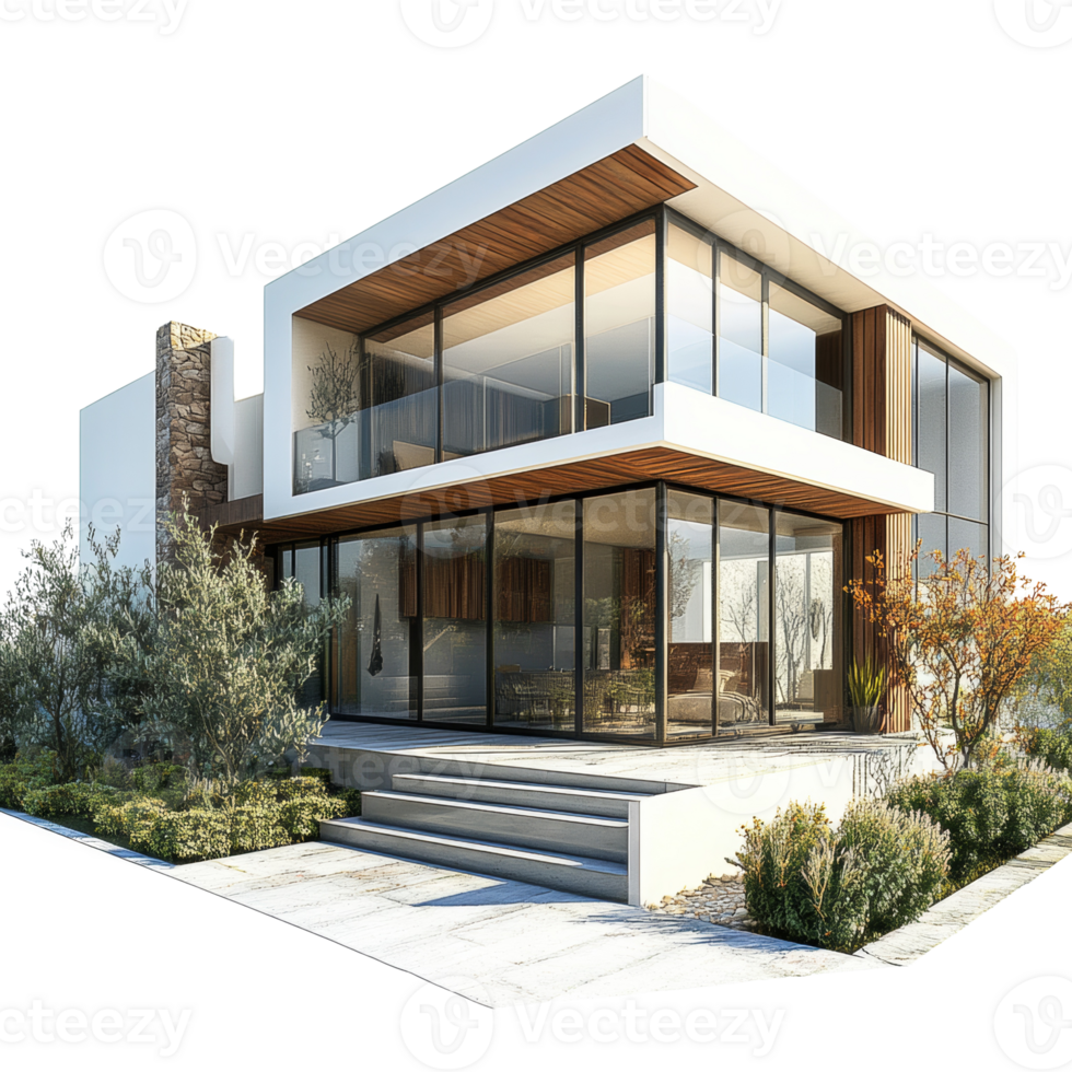 Modern Two Story House with Extensive Glass Windows png