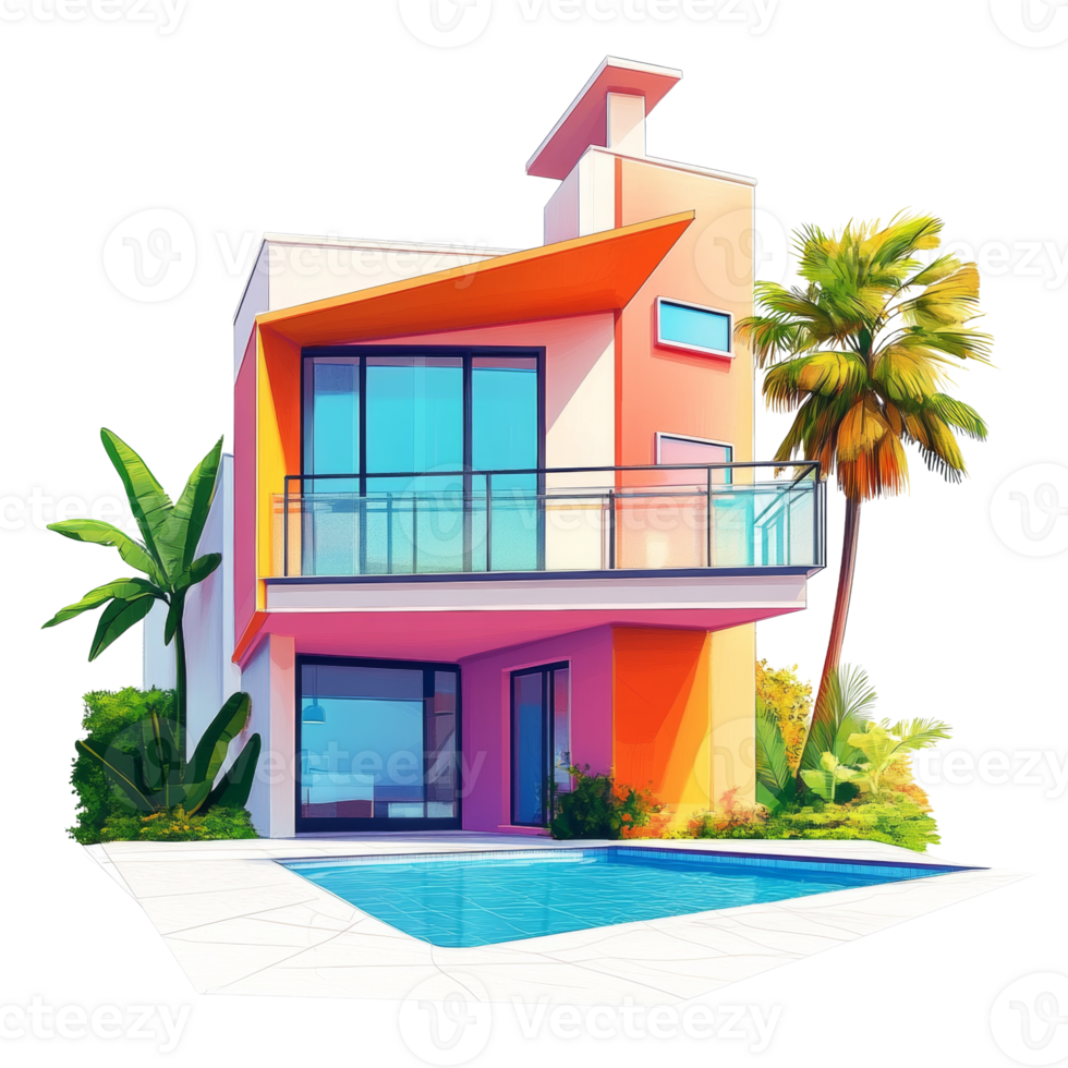 Modern Colorful House with Pool and Tropical Plants png