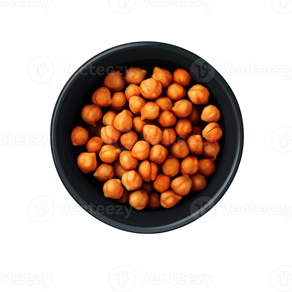 Roasted chickpeas in a dark bowl overhead view png