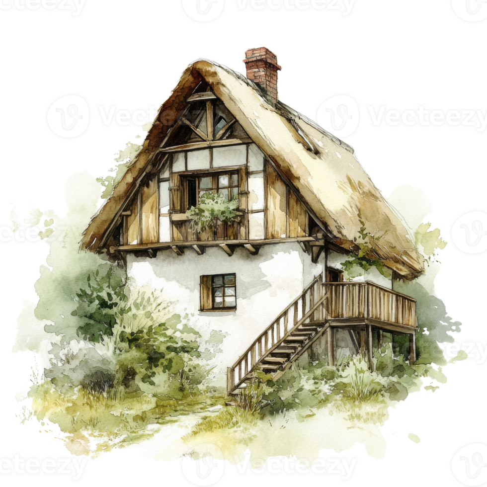 Watercolor Painting of a Charming Thatched Roof Cottage png