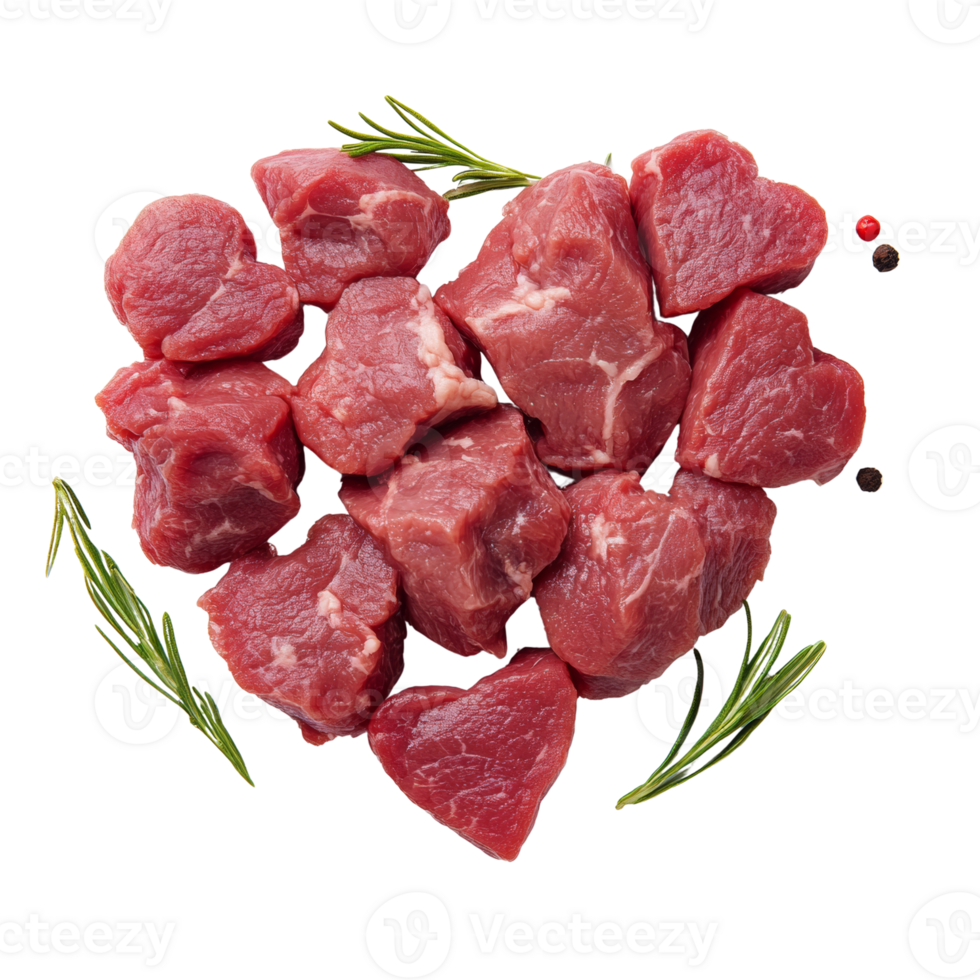 Raw Beef Cubes Arranged In A Heart Shape. cut out png