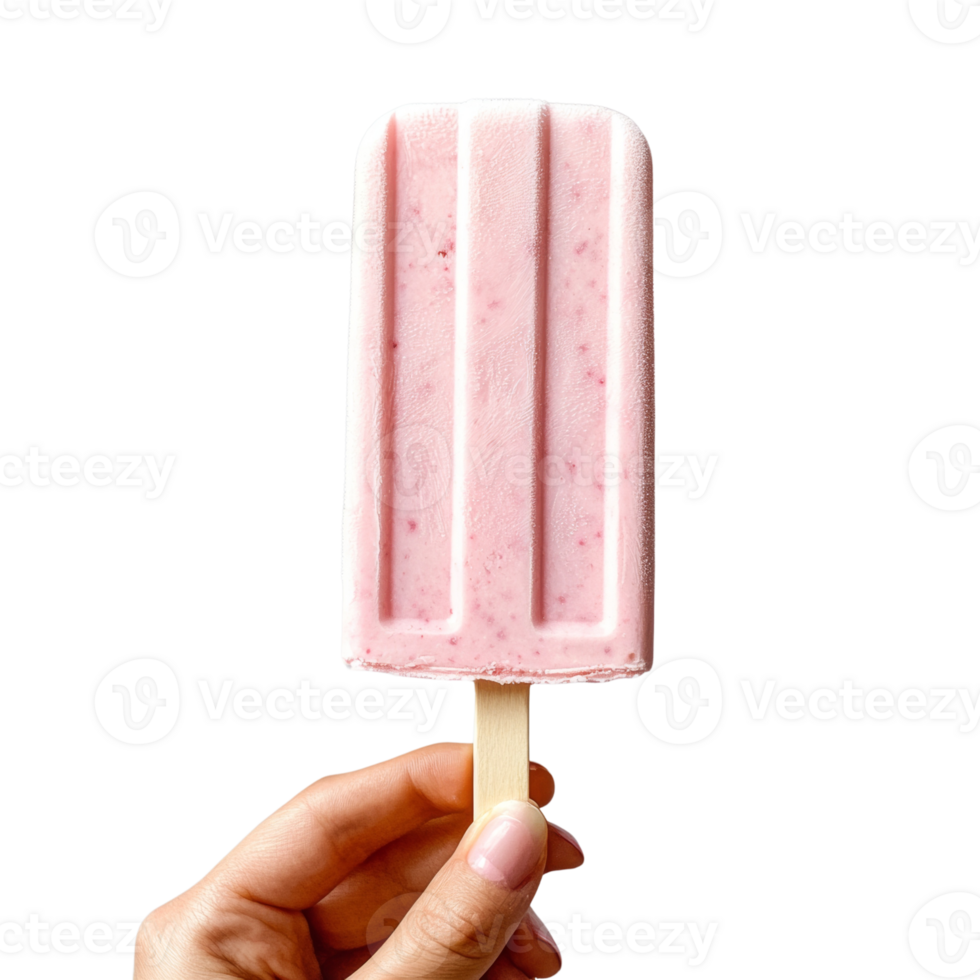 A hand holds a pink strawberry ice pop png