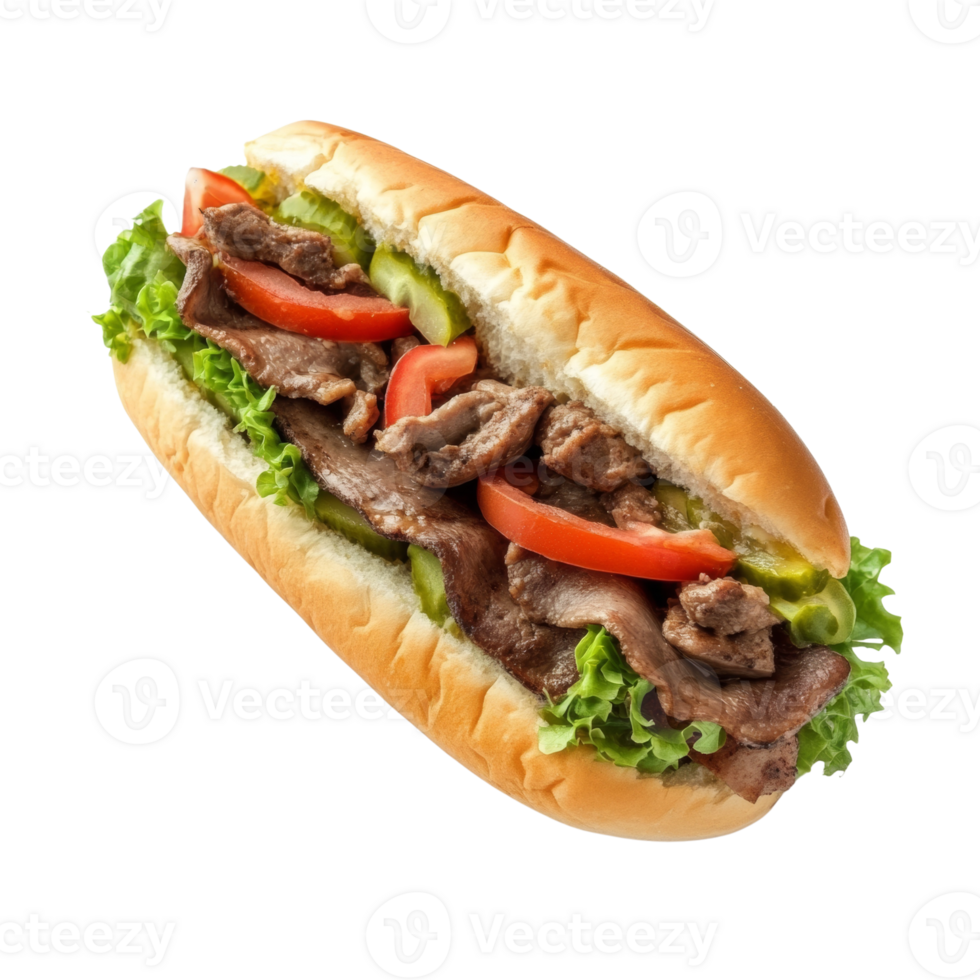 Delicious Beef Sandwich with Lettuce Tomato and Pickles png
