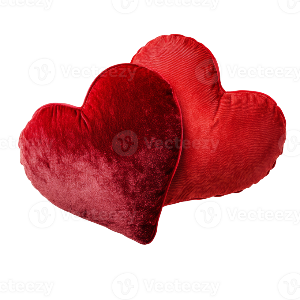 Two Red Velvet Heart Shaped Pillows Together. isolated png