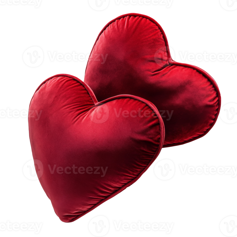 Two Red Velvet Heart Shaped Pillows Together. cut out png