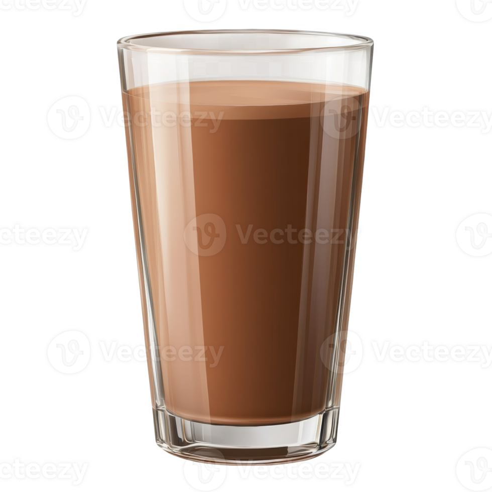 A glass of rich chocolate milk sits on a black background png