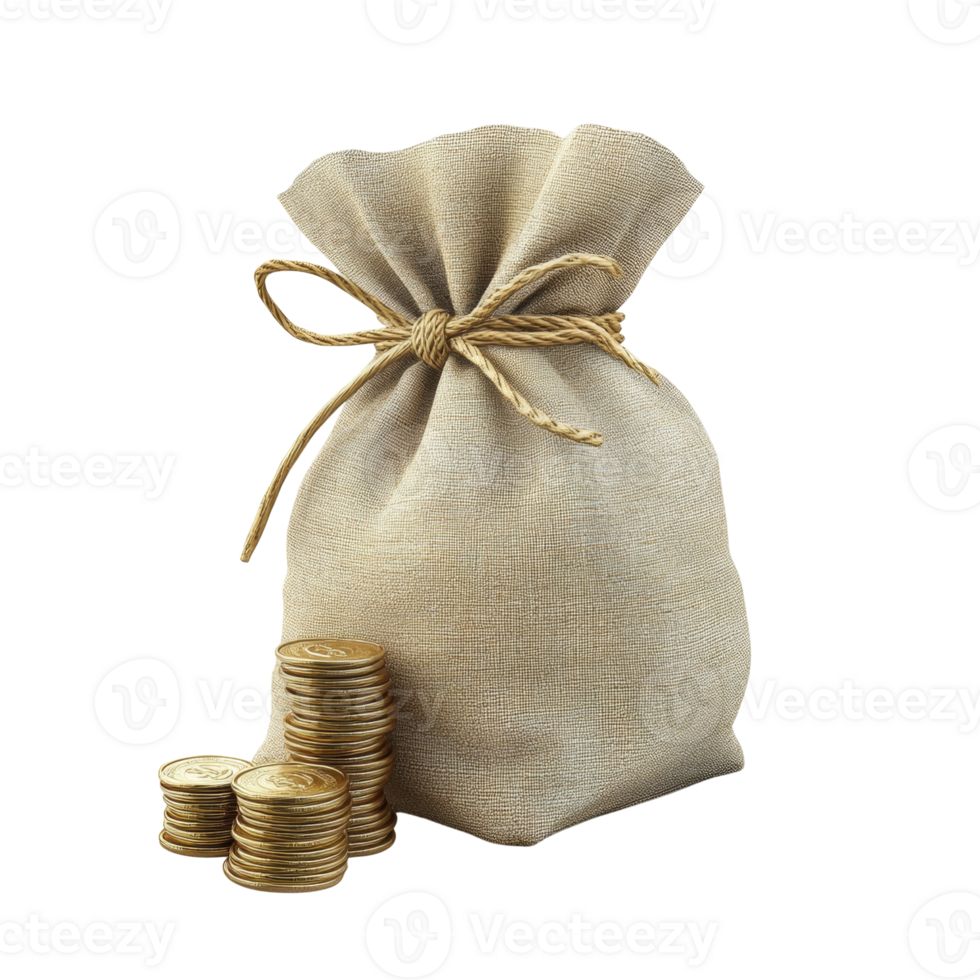 A burlap sack filled with gold coins sits on a black background png