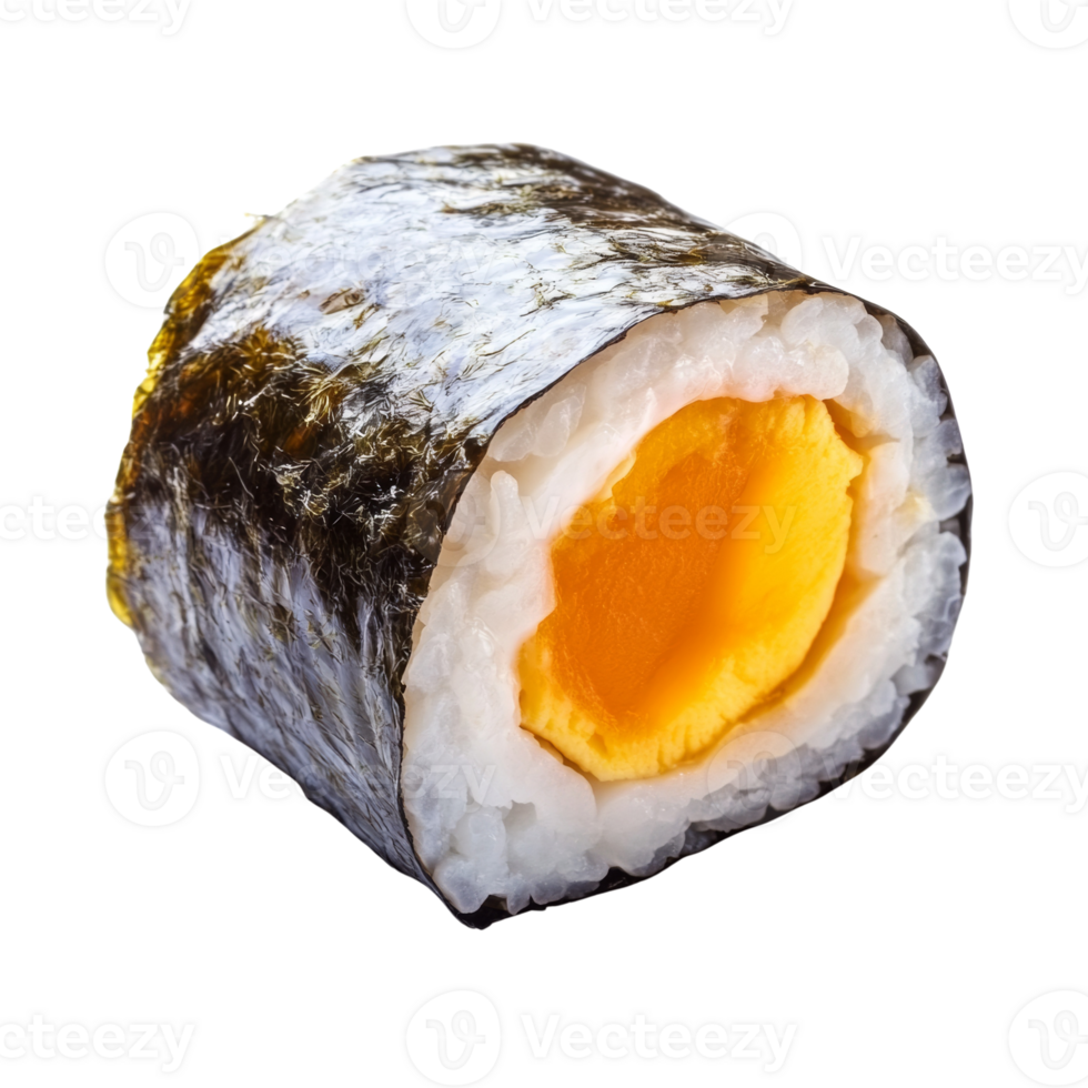 Single Tamago Sushi Roll Wrapped In Nori Seaweed png