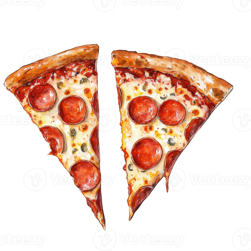 Two Slices of Pepperoni Pizza Watercolor Painting png